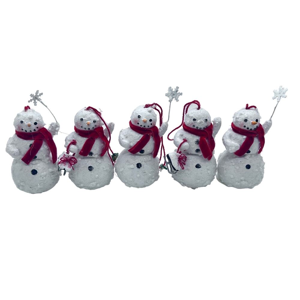 Set of 5 Glitter Snowmen with Red Scarves, Ice Skates & Snowflakes - 3” Vintage